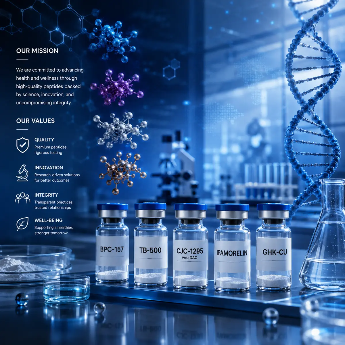 Northline Peptide Co. mission and values graphic showing quality, innovation, integrity, and well-being icons beside vials of BPC-157, TB-500, CJC-1295, Ipamorelin, and GHK-Cu peptides on a laboratory bench with a microscope and DNA helix backdrop