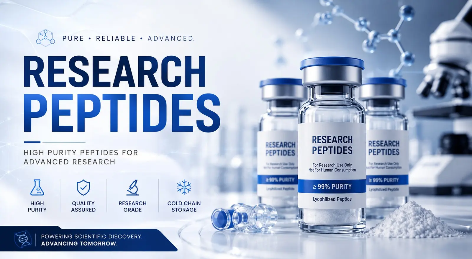 Research peptides in glass vials for laboratory research